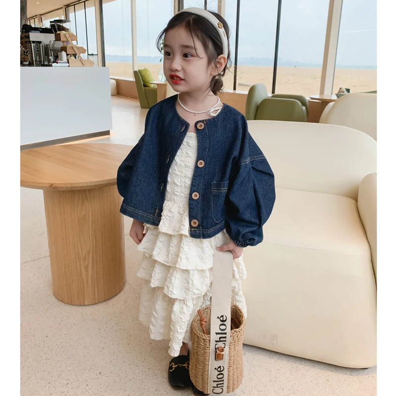 2026 Spring Autumn New Girls Clothing Set White Straps Dress+Denim Coat 2Pcs Suit For 3-8 Years Girls Stylish Outfit