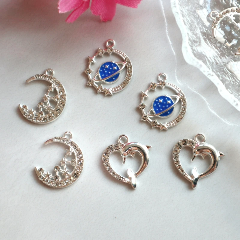 

10PCS Trendy Planet Moon Love Heart Metal Pendant Zircon Alloy Charms DIY Necklace Bracelet Keychain Earing Jewelry Accessory