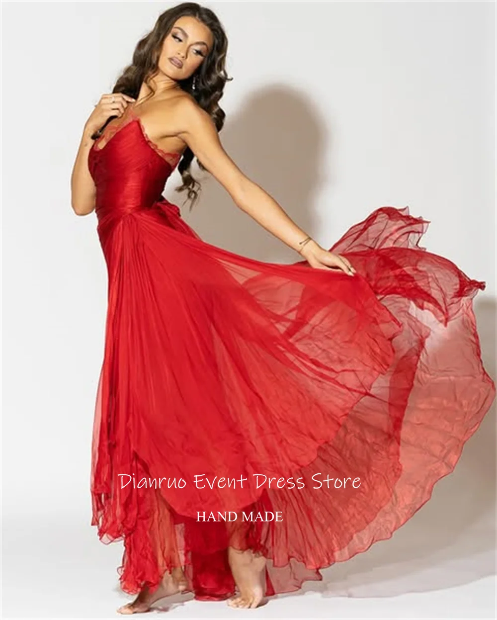 Dianruo ノースリーブレッドシャーリングイブニングドレスフロアレングス恋人パーティードレスエレガントなシフォンドレス女性のための 2025 カスタマイズ