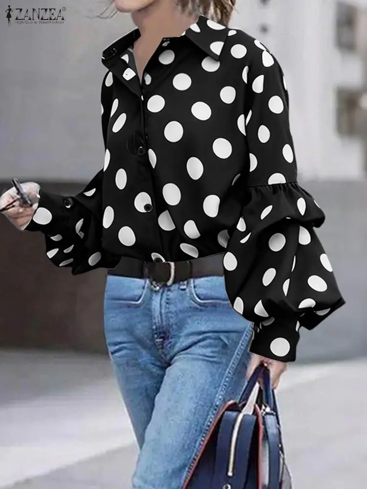 قمصان أنيقة منقطة من ZANZEA بلوزة أنيقة للخريف بأكمام طويلة وفانوس 2025 بلوزات نسائية برقبة على شكل طية صدر السترة OL بلوزات نسائية للعمل