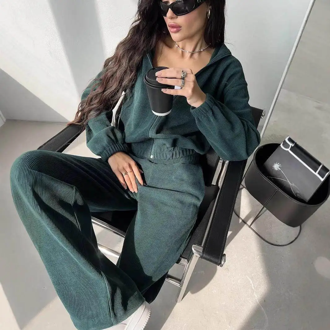 2025年新作 レディース カジュアル フード付き ロング丈 無地 セットアップ ゴムウエスト ワイドレッグパンツ 快適 通気性 おしゃれ