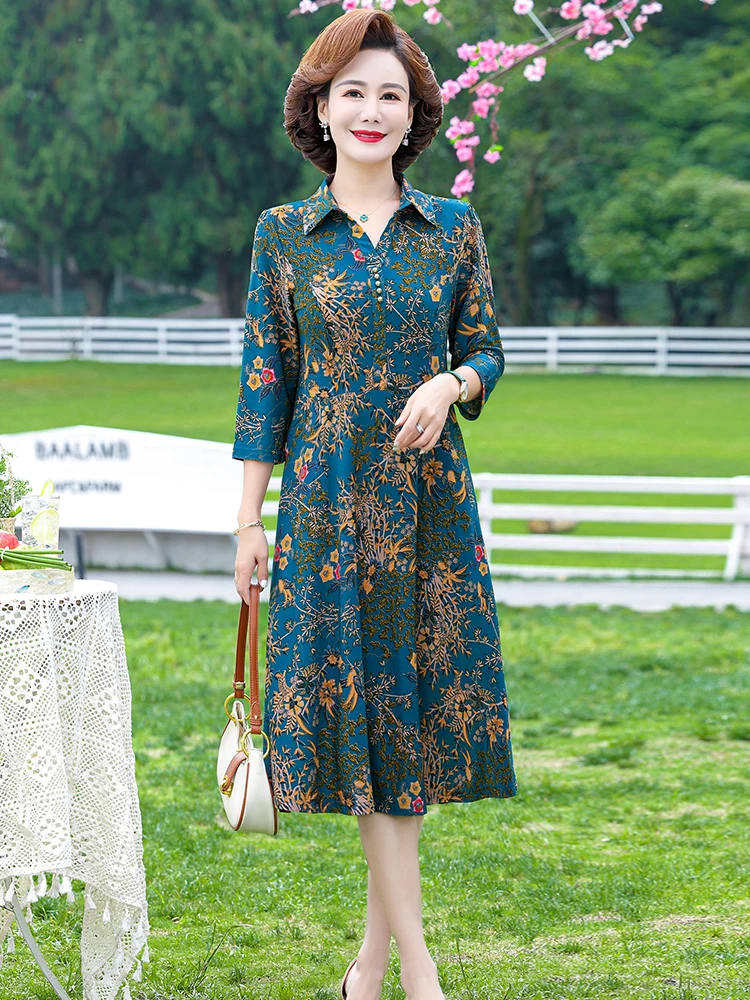 

Faionable Summer Dr for Middle-Aged Women Knee-Length ort-Sve Floral Print Slim-Fit Polyester Dr Collar