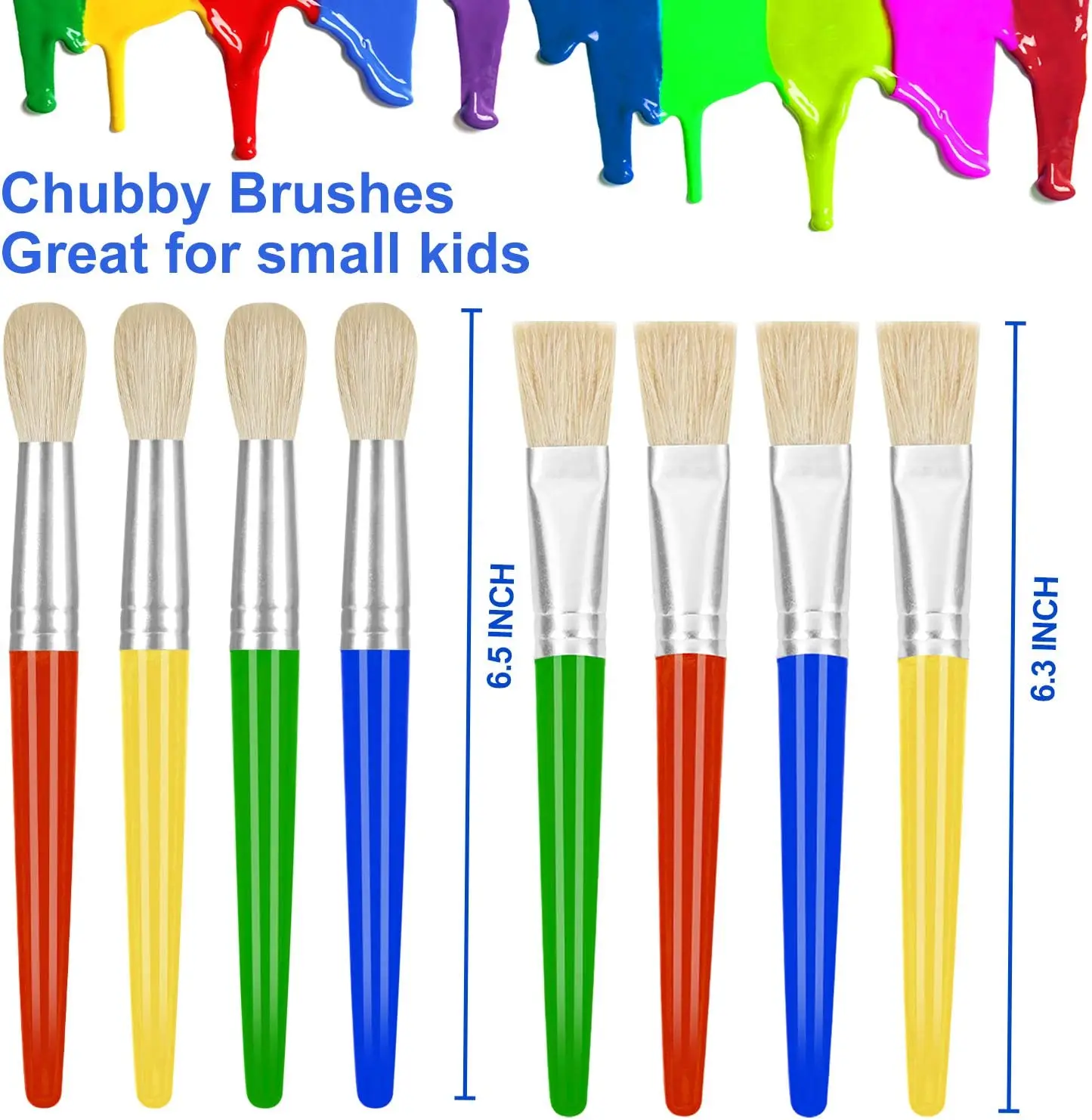 Paint Brushes for Kids, Big Washable Chubby Toddler Paint Brushes, Easy to Clean & Grip Round and Flat Preschool Paint Brushes w