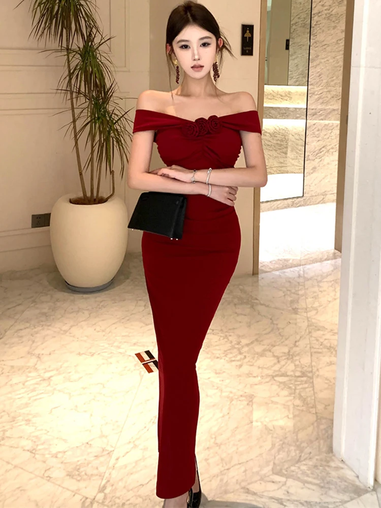 Women Red Pleated Bodycon Chic Flower Chest Wrapping Dress 2025 Korean Vintage Luxury Gown Summer Elegant Festival Evening Dress