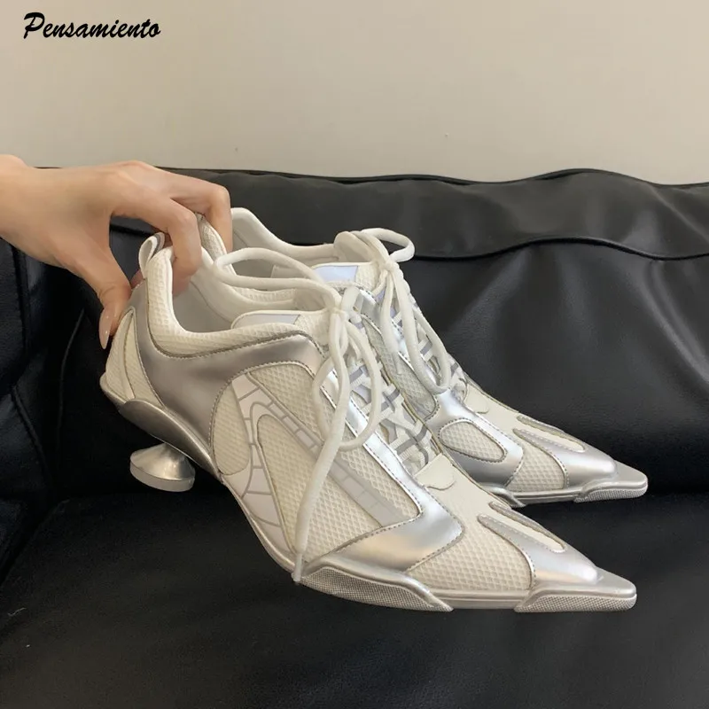 

Спортивный стиль, модные разноцветные женские туфли-лодочки с острым носком, весенне-осенние повседневные кроссовки с дышащей сеткой на высоком каблуке