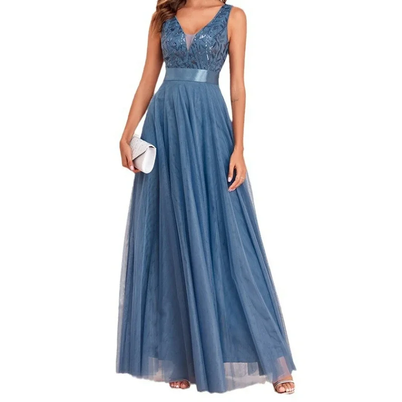 Mesh Dress Women High Waist Long Dresses Party Sleeveless V Neck Elegant Evening Vestidos Gown High Waist Summer Night Wedding