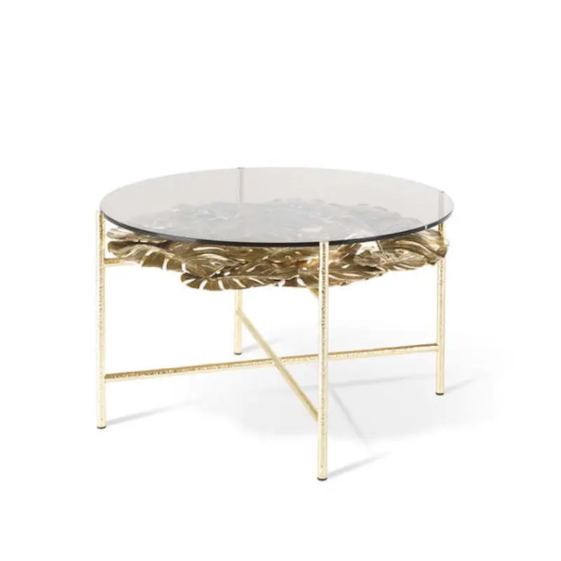 

Pure copper base round coffee table, brass glass leaves, high-end coffee table, villa hotel
