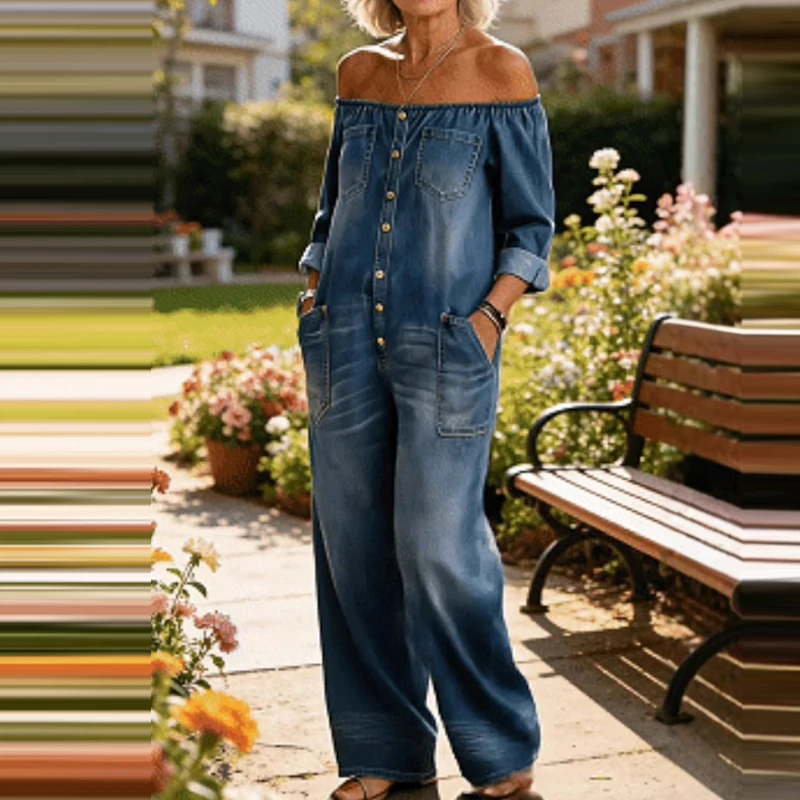 Women Fashion Street Long Sleeve Loose Playsuit Casual Pocket Single breasted Jumpsuit Elegant Off Shoulder Solid Denim Romper
