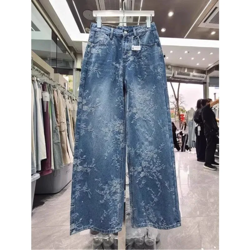 Koreanische Nische Jacquard Breite bein Jeans Frauen Sommer Hosen Neue Design Sinn High-taille Casual Gerade bein bodenlangen Hosen