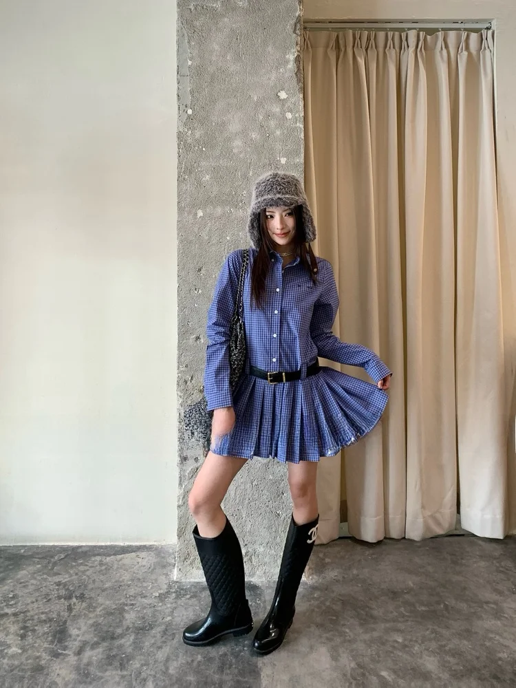 

Preppy Sle Plaid Long Sve irt Dr Women's Gingham Skirt Maxi Dr Slim Fit Turn-down Collar Single Button Closure