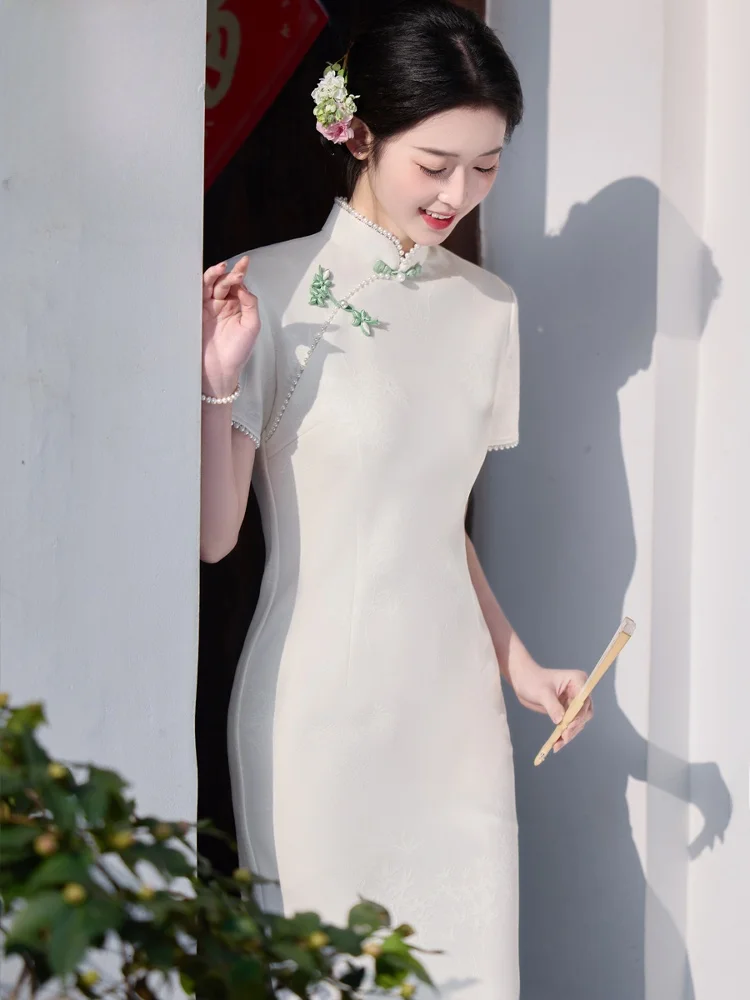 ele-young-sle-summer-midi-qipao-dr-button-detailing-breathable-polyester-ort-sve-pure-color-casual-wear