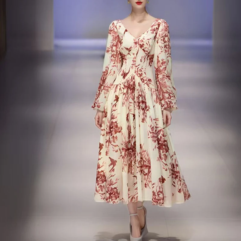 French Vintage Dress Women 2024 Spring V Neck Beaded Empire Chiffon Long Dress Autumn Printed Lantern Sleeve Hem Boho Maxi Dress