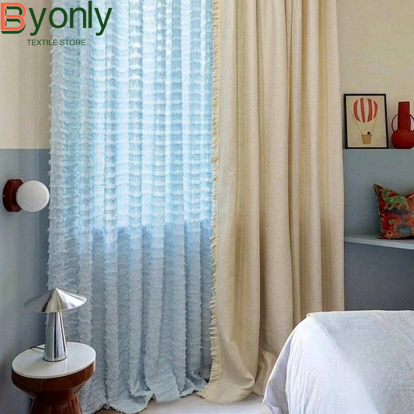 Sea Salt Blue Cake Yarn Cream Color Woven Jacquard Tassel Curtains for Living Room Bedroom Customized French Window Finished