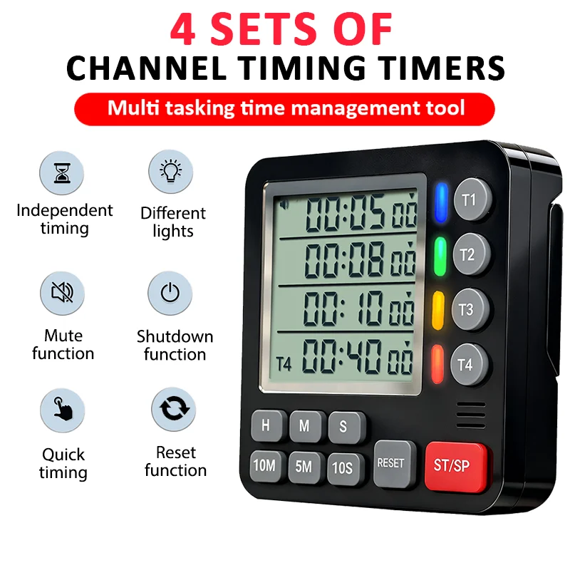 Digital Timer 4 Channels Timing Kitchen Timer Countdown Timer with Magnetic Back Stand LCD Display for Learning/Catering Use