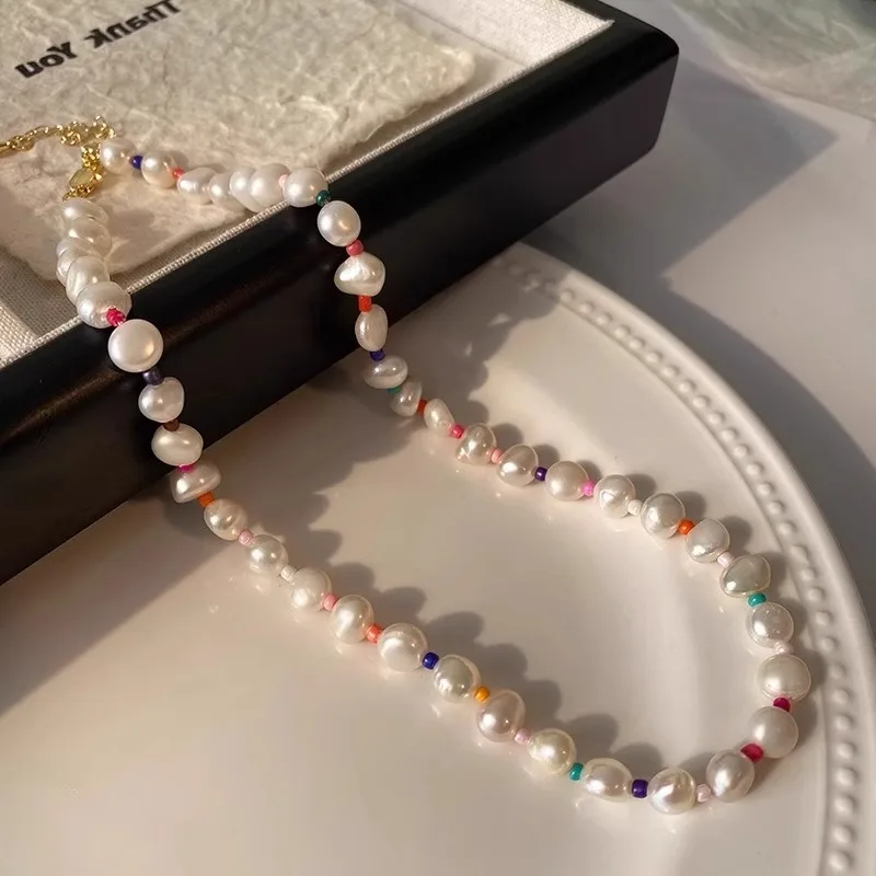 

Minar Boho Baroque Freshwater Pearl Rainbow Miyuki Beads Strand Beaded Necklace for Women Real Gold Plated Copper Chain Choker