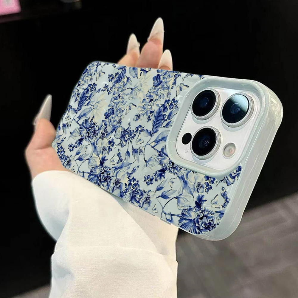 Blau-weiße Porzellan-Kunst-Handyhülle für iPhone 17 16 15 14 13 12 11 Pro Max 14 Plus 17Air Faltenwellen-Soft-Silikonhülle – Detail 1