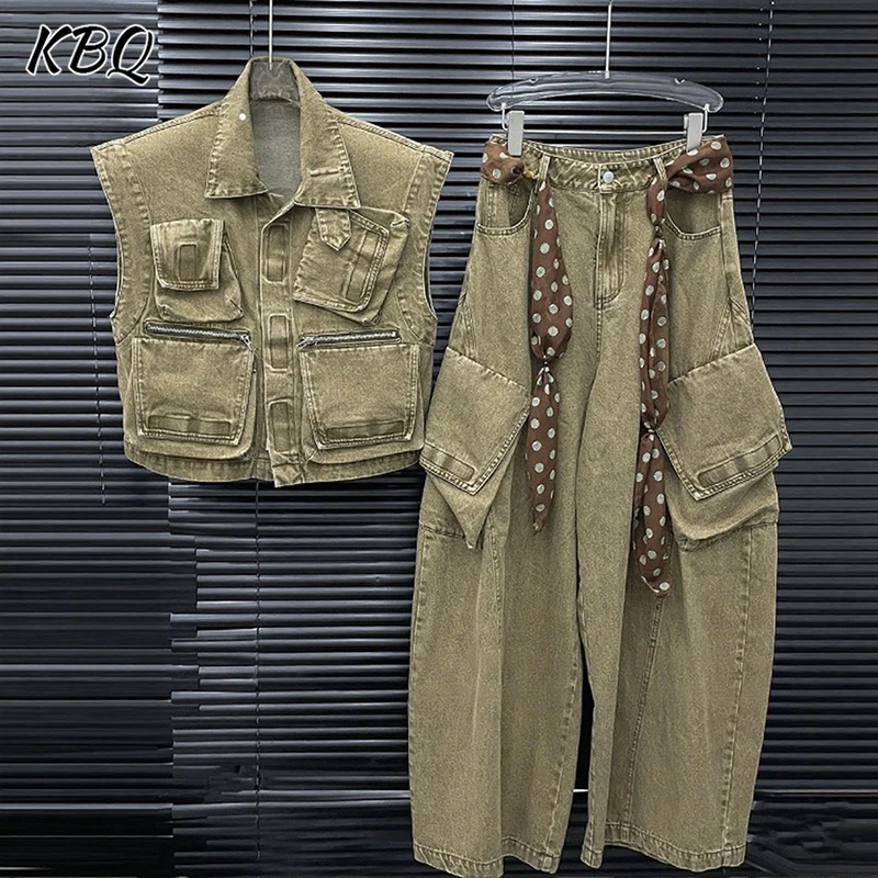 

KBQ Spliced Pockets Two Piece Sets for Women Lapel Sleeveless Short Tops High Waist Spliced Belt Wide Leg Pants Chic Set Female