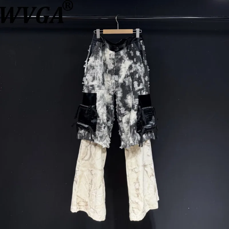 WVGA Autumn Winter New Men's High Street Tie-Dye Jeans Fake Two-Piece Trendy Pockets Niche Chic Casual Straight Pants Ins W13375