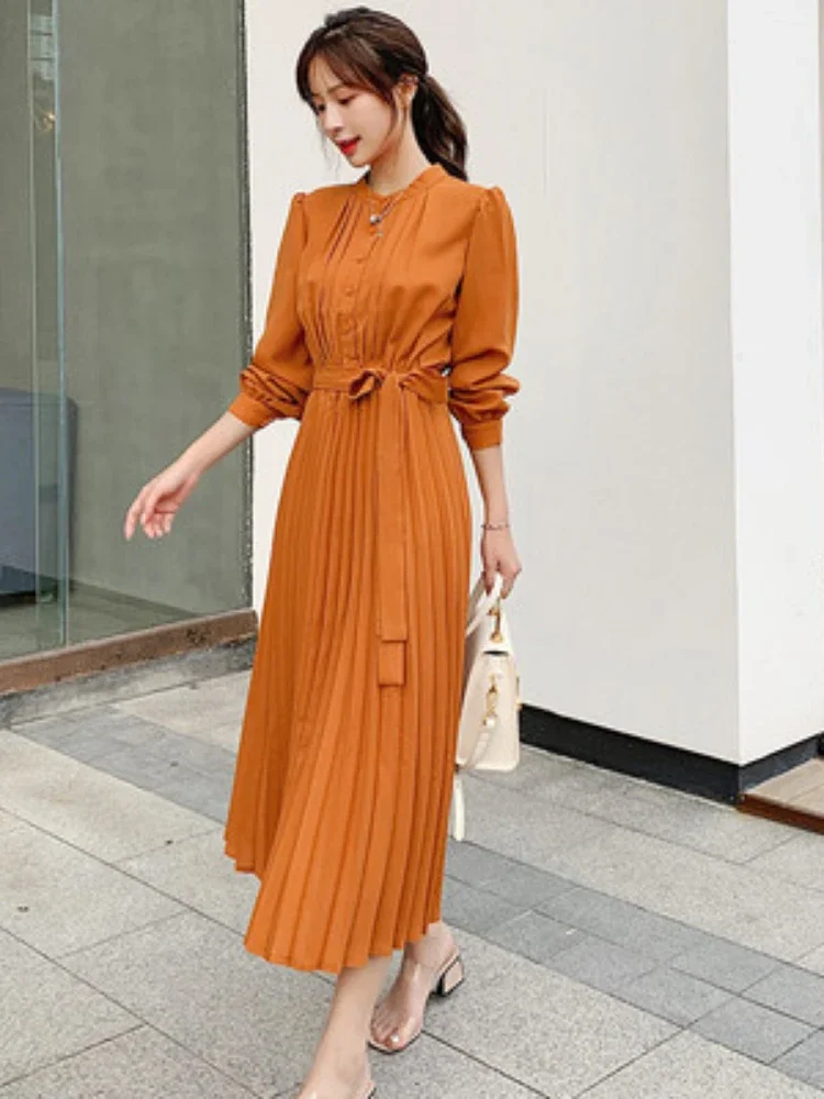 เดรสยาวใหม่สำหรับฤดูร้อน แขนยาว ทรงเข้ารูป ช่วยกระชับเอว ผูกเชือก คอเสื้อเชิ้ต ดีไซน์หรูหรา กระโปรงจีบสไตล์วินเทจ