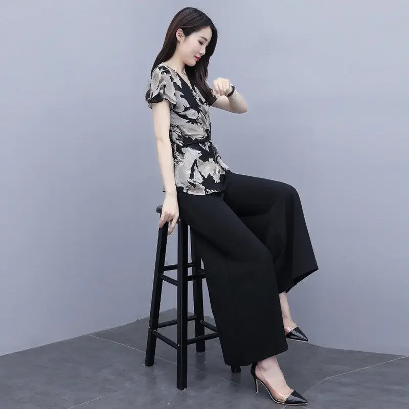 Wide Leg Pants Suits Female 2024 Summer New Two Piece Sets Womens Outfits Fashion Casual Chiffon Clothing Femme Mujer Y105