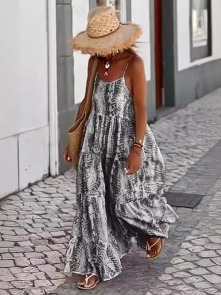 Casual Print Loose Dress For Women Fashion Sleeveless Spaghetti Strap Dresses Lady Boho Holiday Beach Skirt Womens Clothing New
