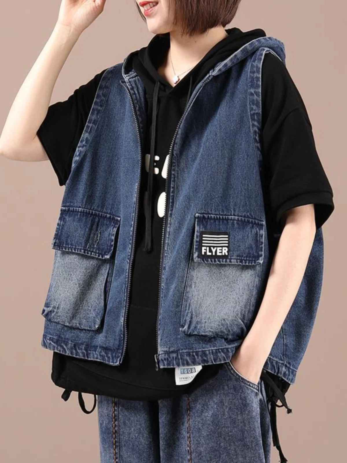 

Высококачественный японский свободный джинсовый жилет в художественном стиле, повседневный, на молнии, корейская версия, новая модель, 100% хлопок, однотонный