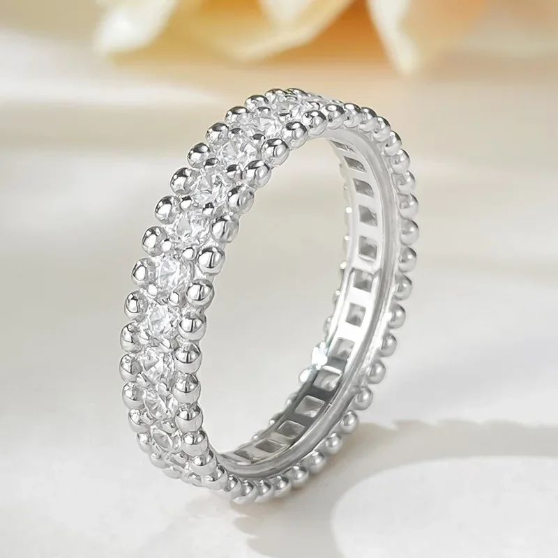 925 Silver Simple Narrow Edition Single Row Diamond Full Sky Star Bead Edge Ring for Female Couples Wedding Ring