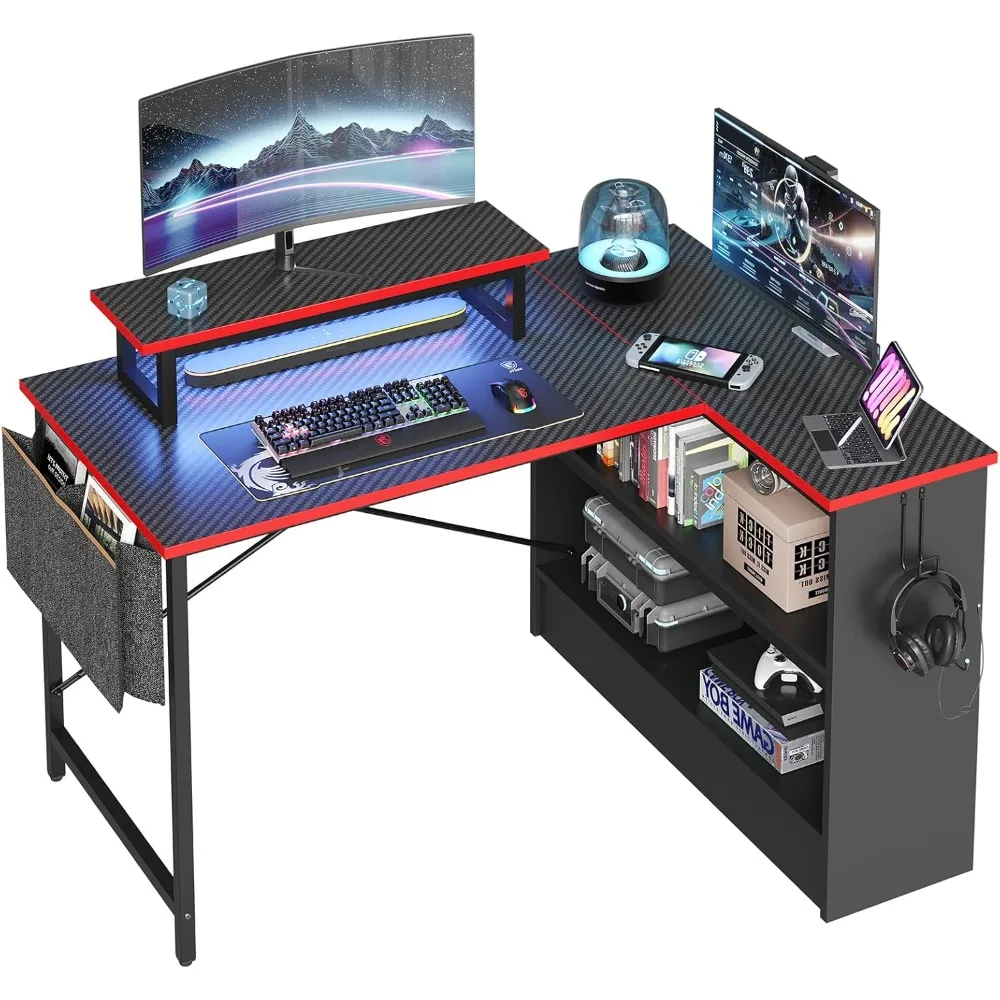 L Shaped Gaming Desk with Storage Shelves, Reversible Corner Computer Desk with LED Lights