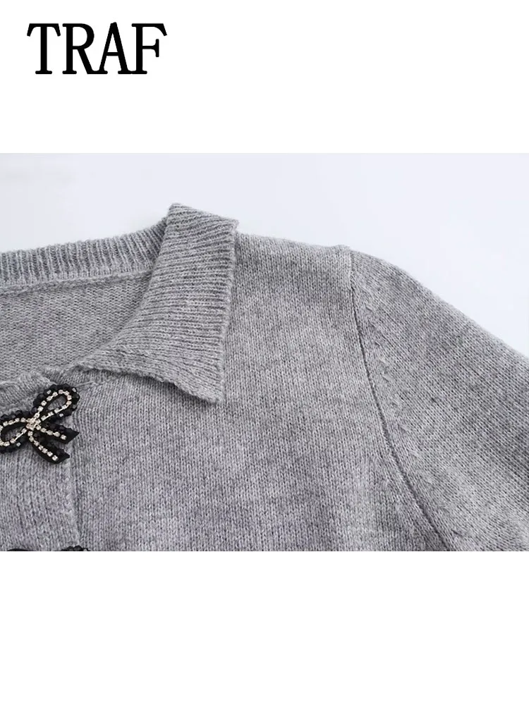 TRAF Women Bow Button Decoration Knitted Cardigan New Autumn Elegant Lady Style Knitted Woman Cardigan Long Sleeve Top