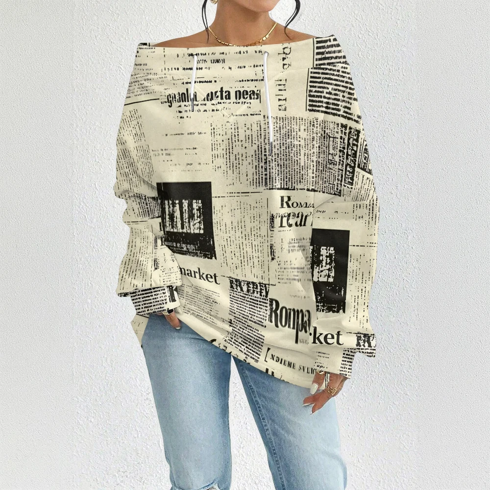 

Женская винтажная толстовка с газетным принтом, с открытыми плечами и шнурком, свободная посадка, повседневная блузка с длинными рукавами, сексуальный пуловер