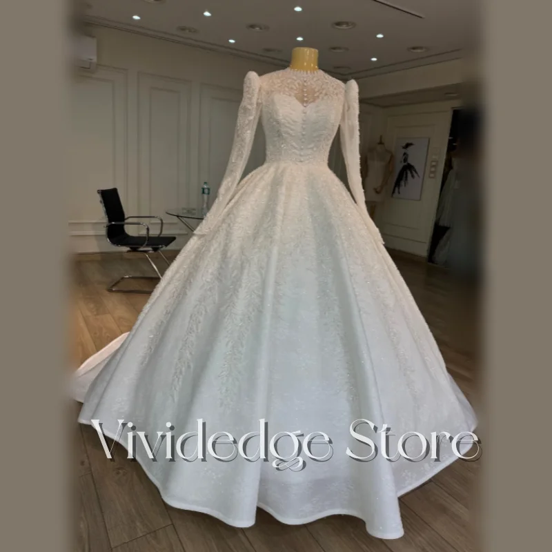 Customized Gorgeous Modern Wedding Dresses High Neck Long Sleeve Muslim Lace Beaded Decoration A Line Arabian Bridal Gowns