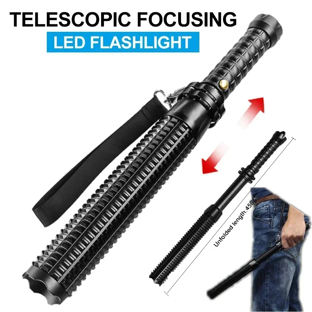 Tactical Baseball Bat LED Flashlight, Focusable Zoomable, Aluminum Alloy, Self-Defense Mace, Emergency Torch