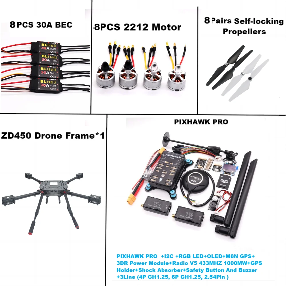 F450 PIXHAWK PRO M8N Kit Dual Motor Flight FiberFrame, Ardupilot, 100MW, Rádio Telemetria, Quadcopter, BLHELI, 20A, 2212 Motor ESC