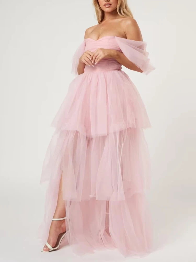 Customized Simple Sweet Euramerican Homecoming Dresses Off The Shoulder Tulle Prom Vestidos Summer Layered Ruffles Ball Gown For