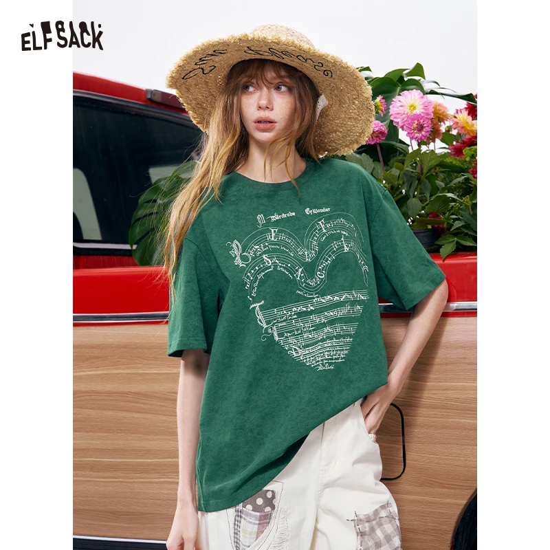 

ELFSACK Heart Music Note Print Oversized T-Shirt, Vintage Distressed Casual Top, Versatile Daily Wear for Women