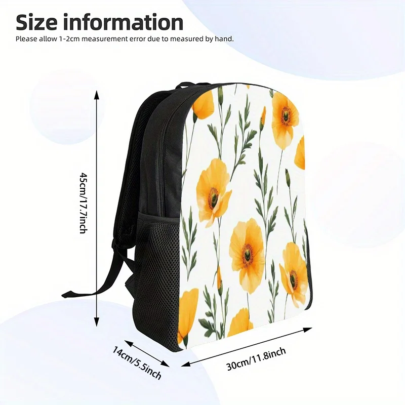 

2D flat print backpack, spring multipurpose backpack, yellow floral pattern. Unisex printed school backpack, outdoor leisure bag