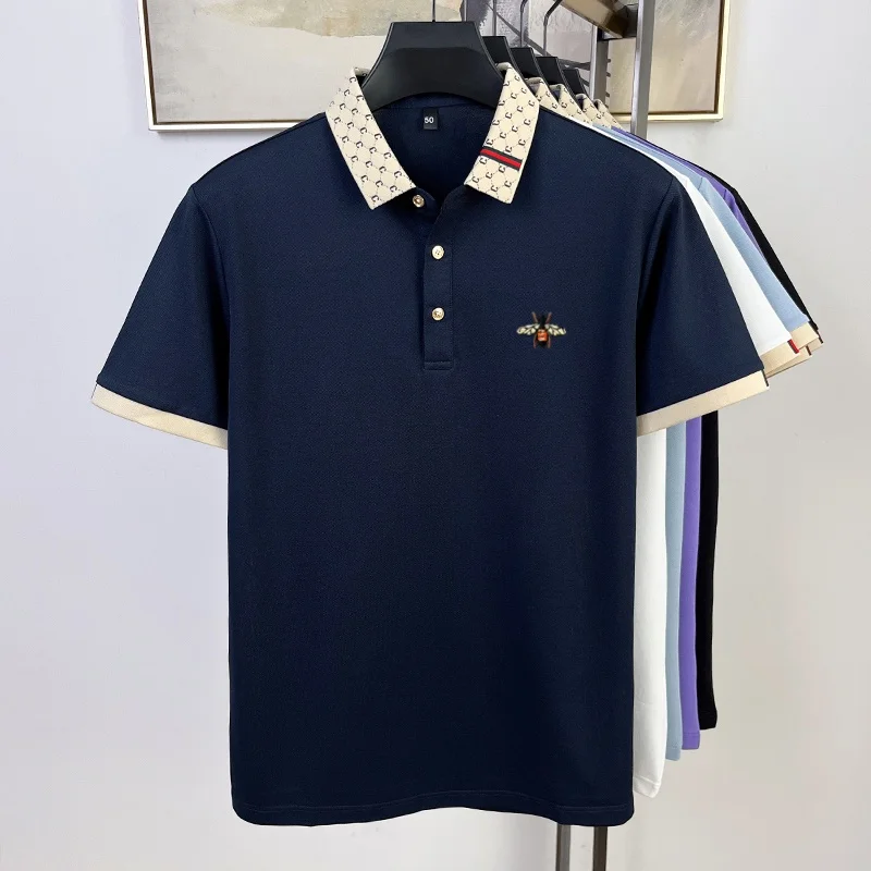 Sommer Neues Designer-Polohemd mit Exquisiter Bienenstickerei für Herren, Bestseller, Bequem und Atmungsaktiv, aus Maulbeerseidenstoff, Kurzes Oberteil – Detail 10