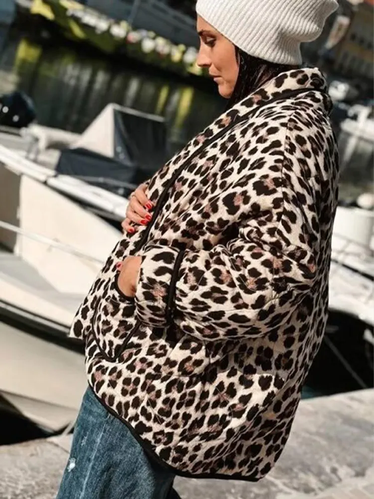 Dames Losse Luipaard Revers Opvulling Katoenen Jas Winter Mode Lange Mouw Zak Parka Jas 2024 Nieuwe Warme Hoge Streetwear