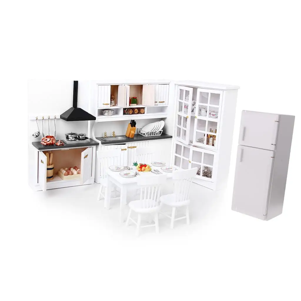 Houten miniatuur pop moderne keukenspeelset, 1/12 poppenhuis meubelaccessoires