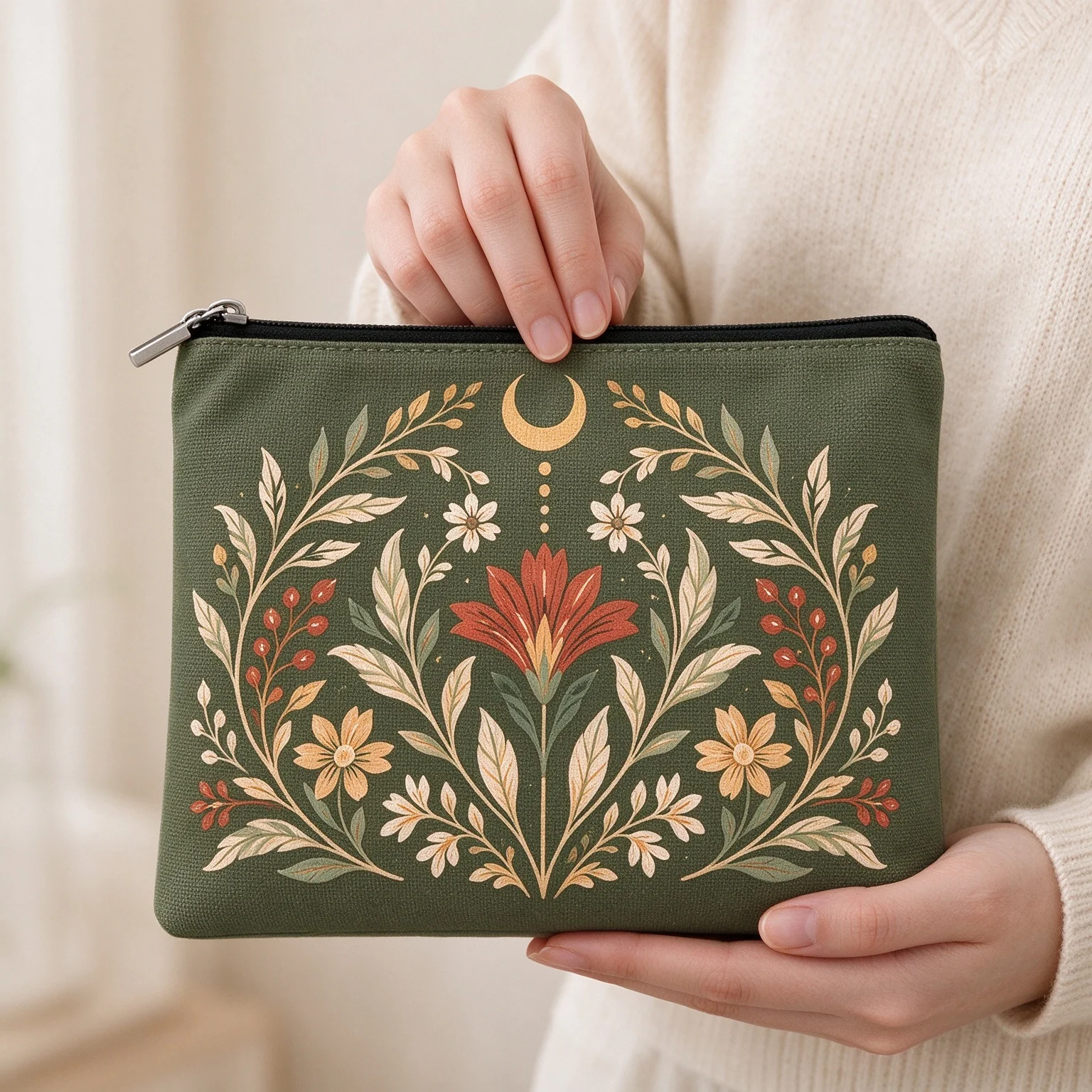 Vintage Floral Moon Canvas Cosmetic Bag, Boho Botanical Pattern Zipper Pouch Women Travel Makeup Bag
