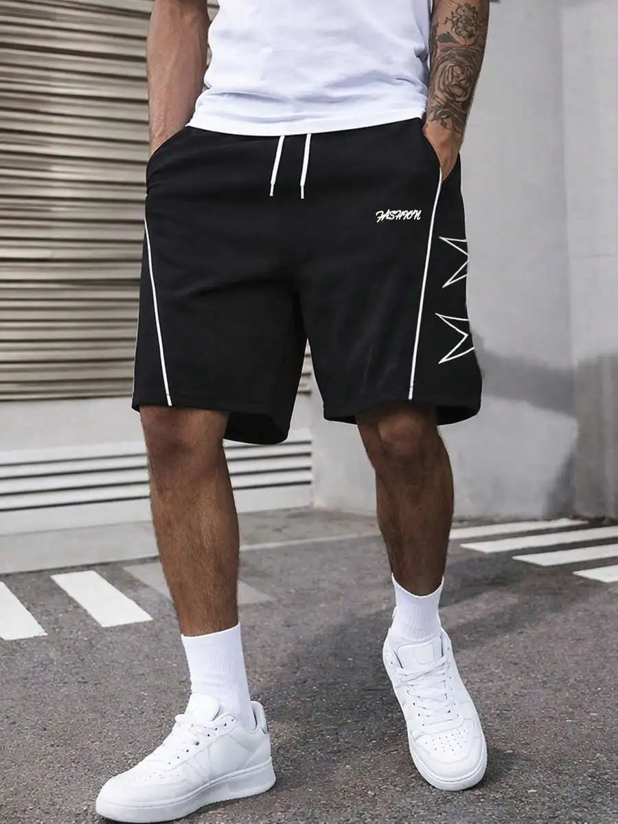 

Mens Black Embroidered Shorts With White Geometric Pattern, Casual Summer Wear For Outdoor Activities