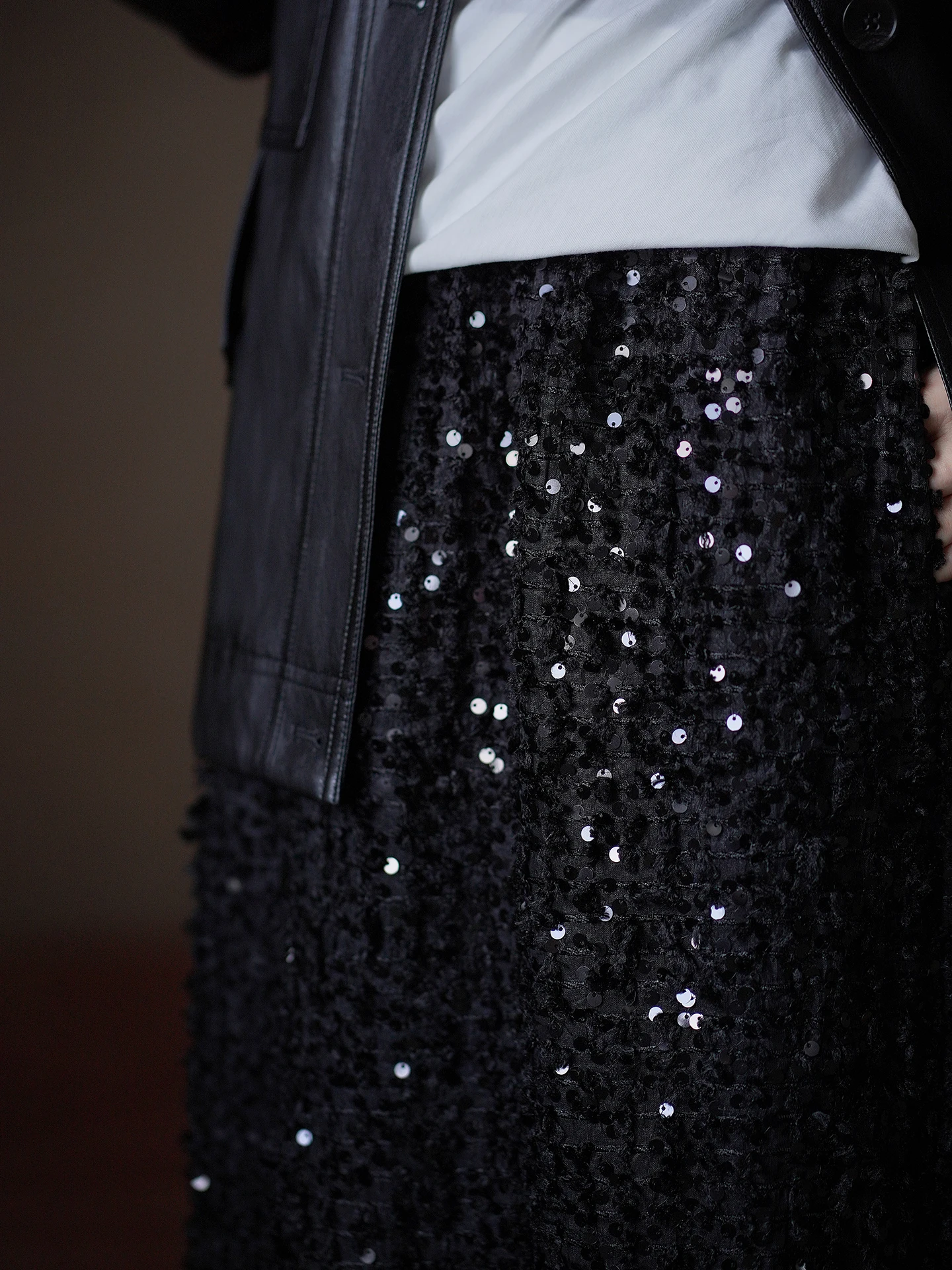 Diamond Embellished Long High Waist Straight Cut Slimming Skirt Elegant Commute Dress Sparkling Black Sequin Half-length