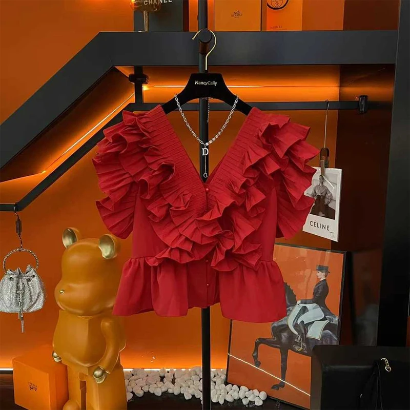 Rosso Pieghettato ort Svel irt Design da Donna con Bottone Singolo Estate Faionable Streetwear Orlo Gored Taglio Originale a Vita Alta