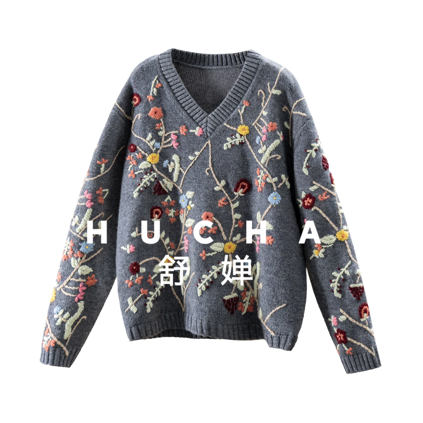 

490g Flowering Designer 100 Wool Three-dimensional Hand-embroidered V-neck Long-sleeved Sweater Female 6Y92