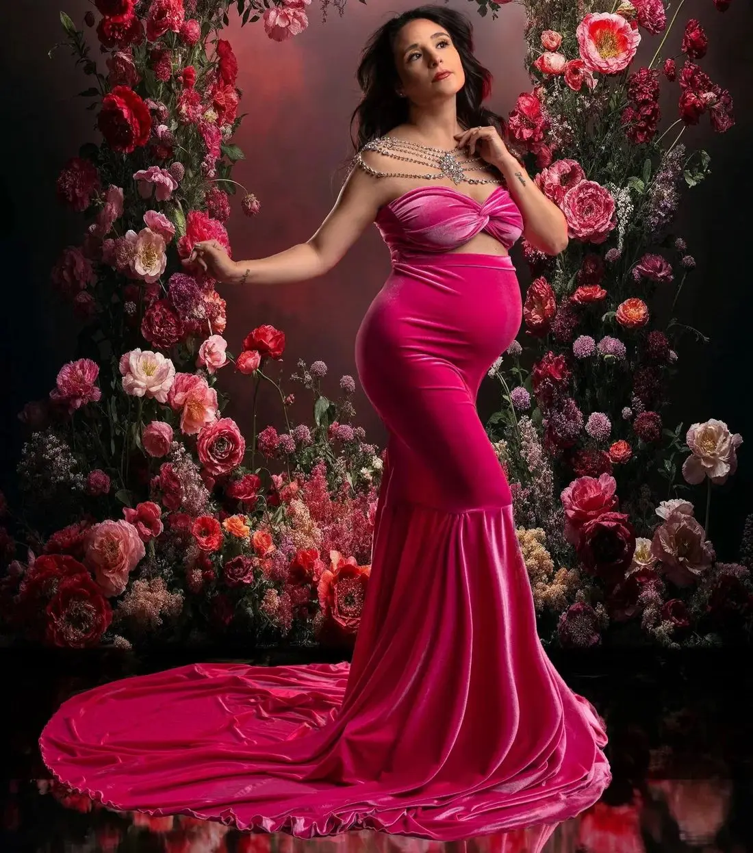 

Charming Fuschia Mermaid Maternity Gowns Velvet Sweetheart Sleeveless Pregnant Women Dresses Floor Length Photography Robes