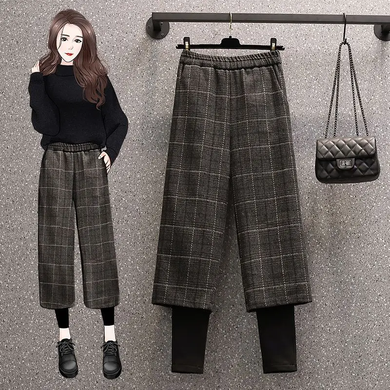Nuevos pantalones largos informales de pierna ancha para mujer de primavera, pantalones falsos de dos piezas a cuadros de lana a la moda y terciopelo