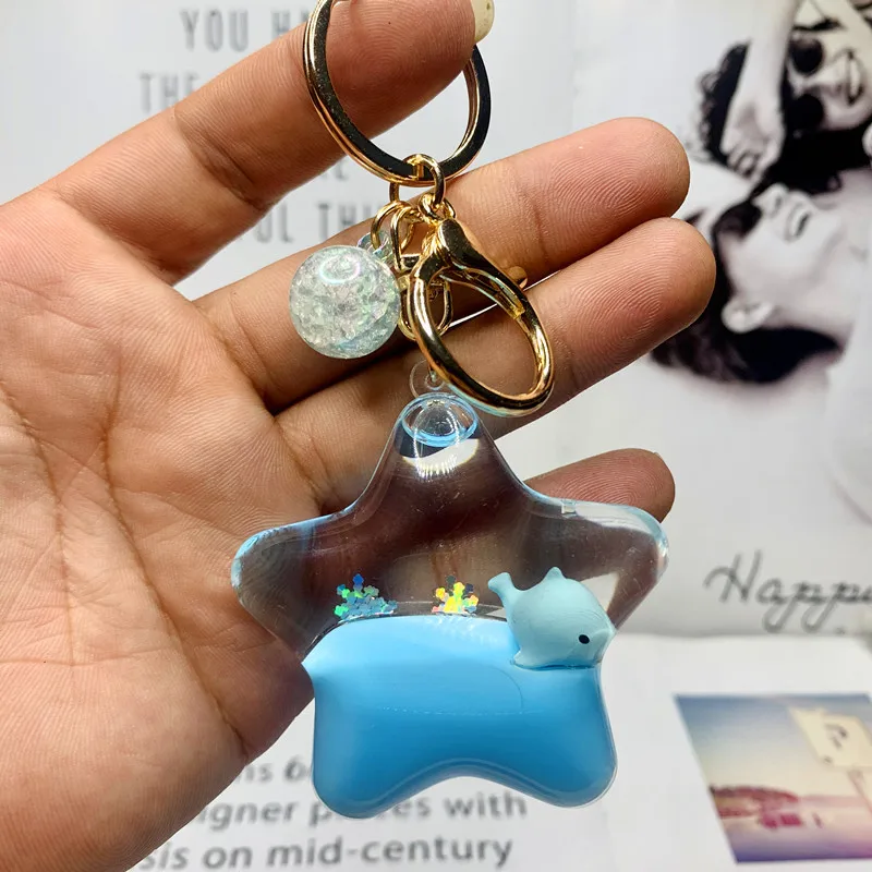 Creative five pointed star oil liquid quicksand keychain cartoon animal floating car keychain bag pendant