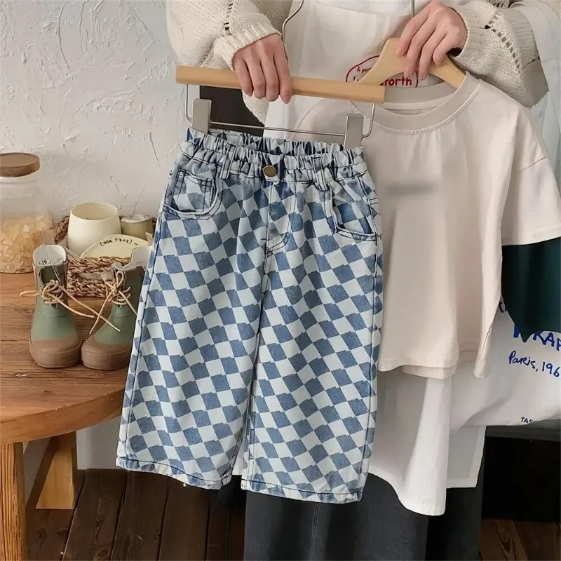 

Children clothing boys handsome rhomboid checkered personality jeans 2025 spring autumn new boys fashion casual all match pants