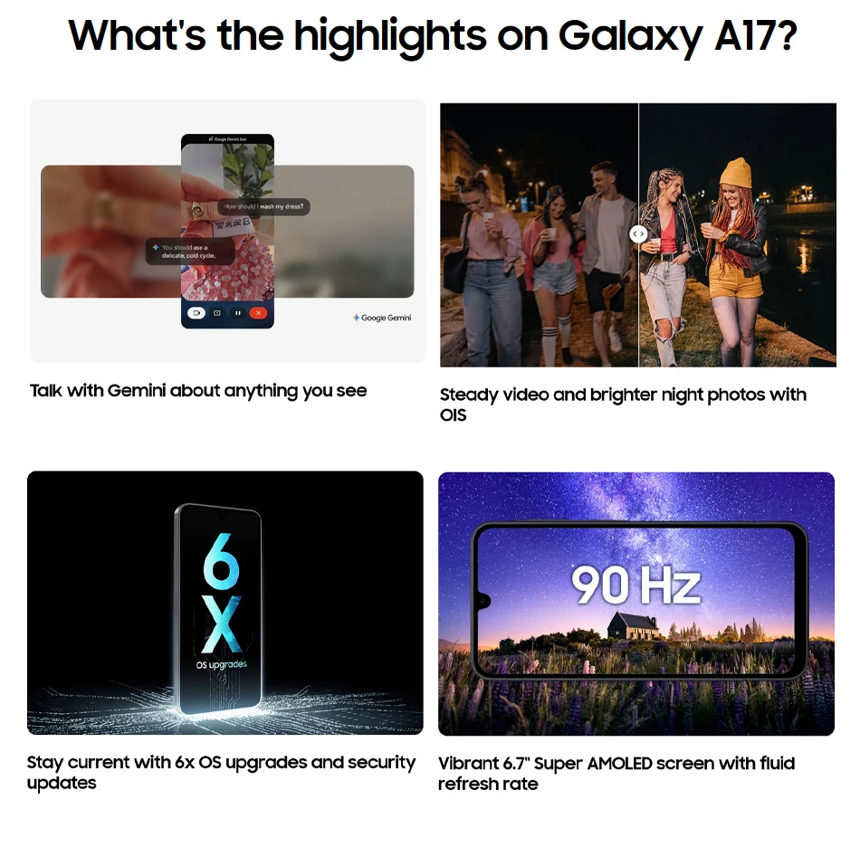 Global Version Samsung Galaxy A17 4G MTK G99 Smartphone 5000mAh Battery 50MP OIS Camera 6.7" 90Hz AMOLED Display IP54 Waterproof