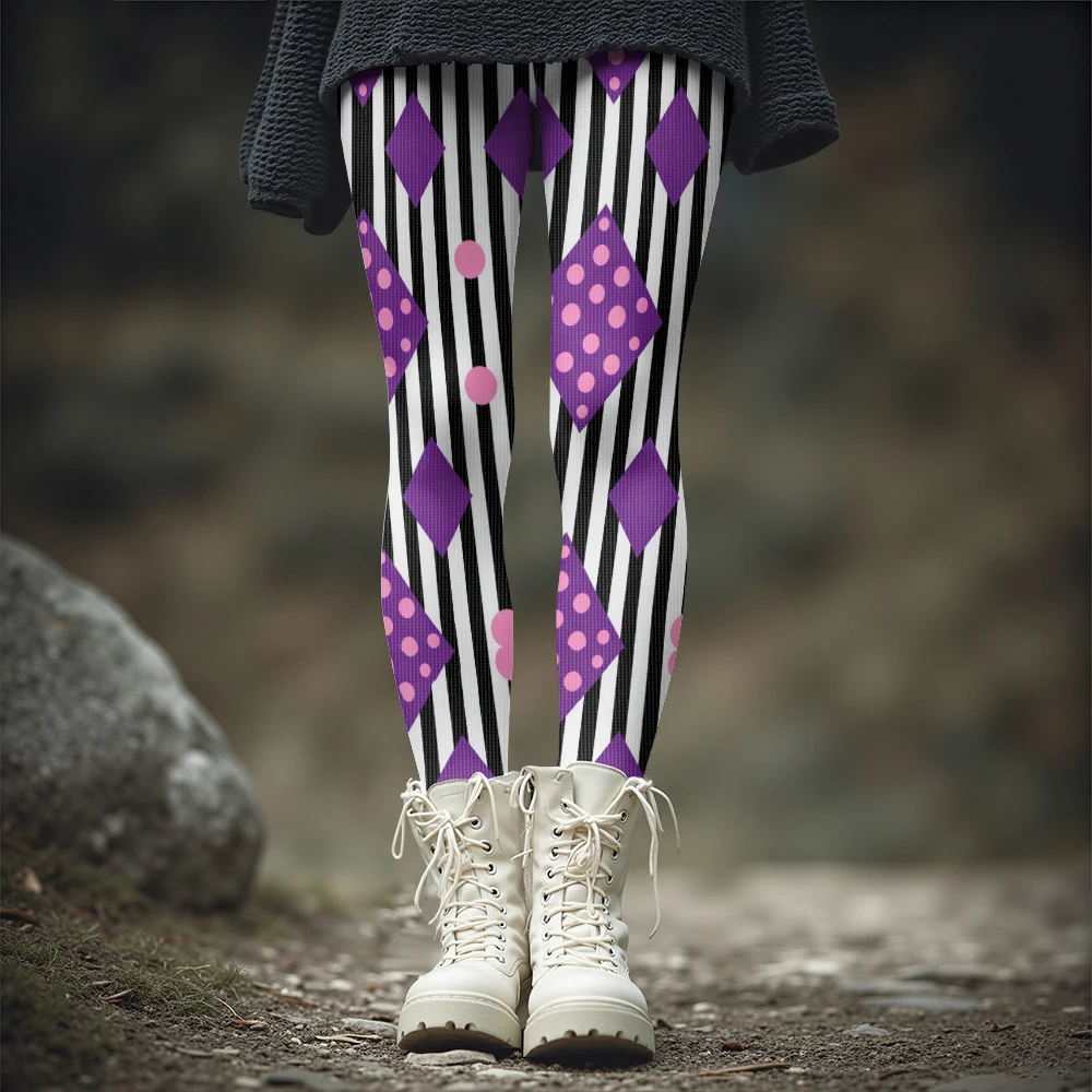 

Unique Geometric Pattern Thick Leggings for Women Black White Stripes with Purple Diamond and Pink Dots Winter Fashion Tights